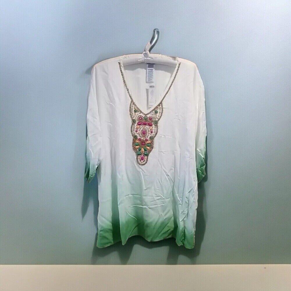Chico's Ombre Beaded Tunic Top SS Tropic Emerald Rayon Size 3/XL White Green NWT